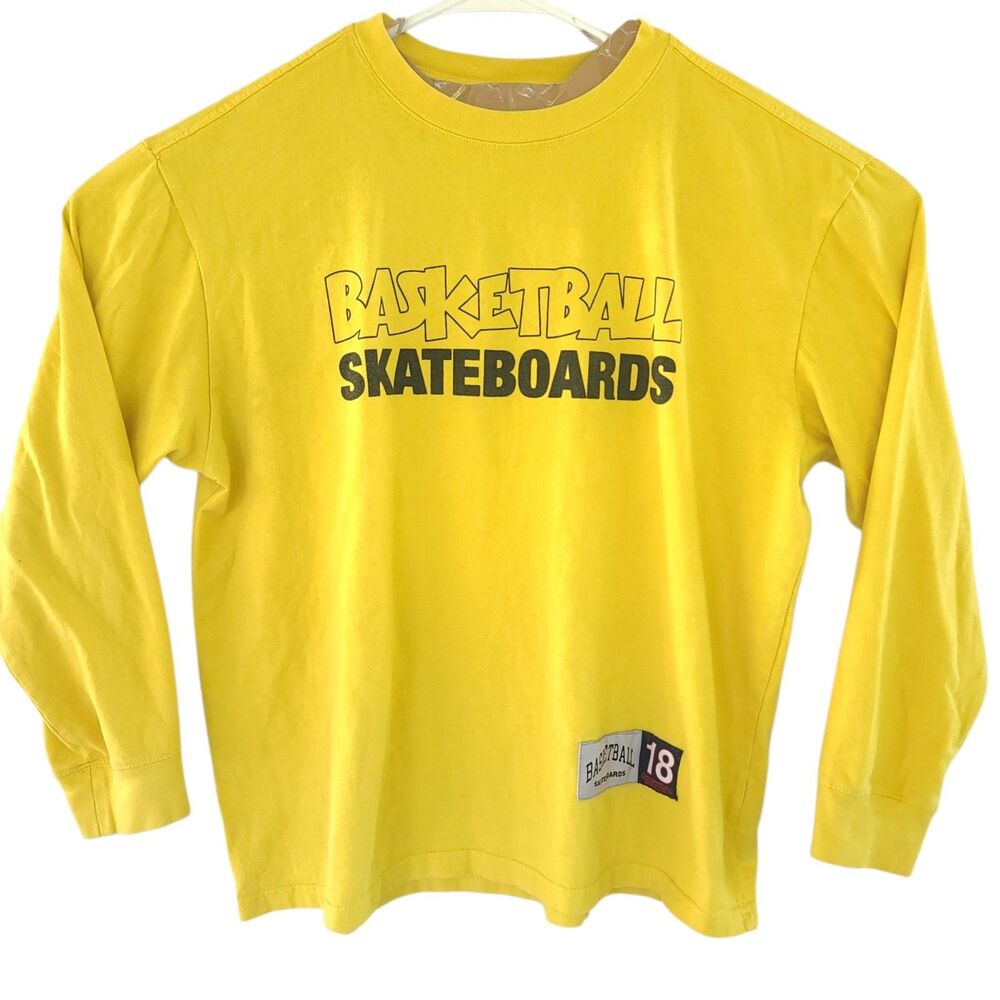 Basketball SkateBoards Mens Sweatshirt Tee Shirt Sz LG Yellow Long Sleeve EUC